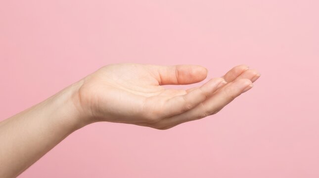 Open palm of a hand reaching out against a soft pink background