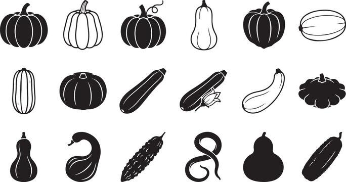 Assortment of black squash and pumpkin icons in silhouette on transparent background, including gourds and zucchini for seasonal decor.
