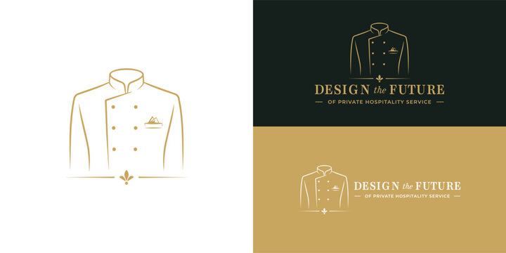 Elegant gold line art outlines a double-breasted chef coat with a pocket square and a lower flourish emblem, set on a white background for premium private hospitality service branding.