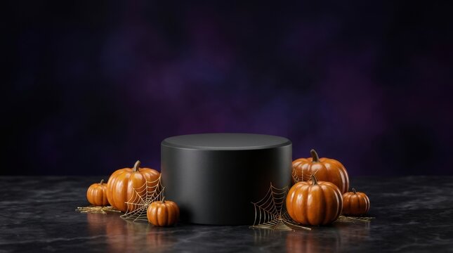 Halloween product podium featuring black cylindrical display stand surrounded by orange pumpkins and golden spider webs on dark marble surface.
