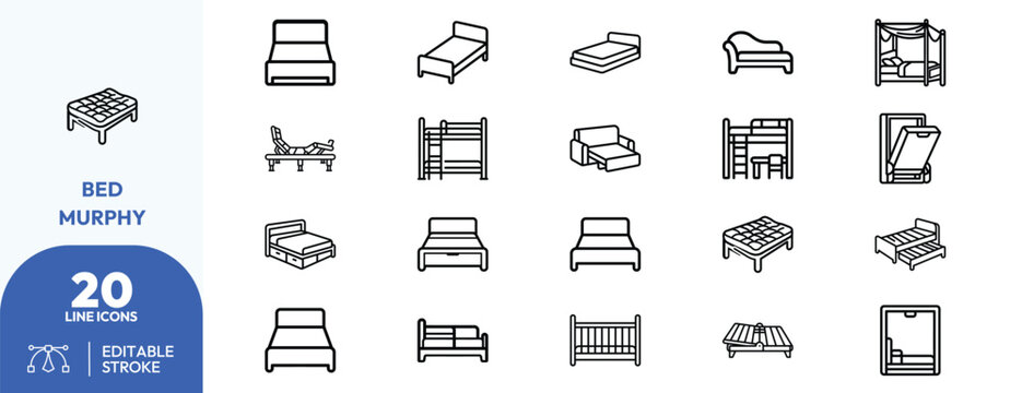 Furniture bed, bunk, murphy, storage, foldable, wall-mounted. Editable stroke. Vector illustration.