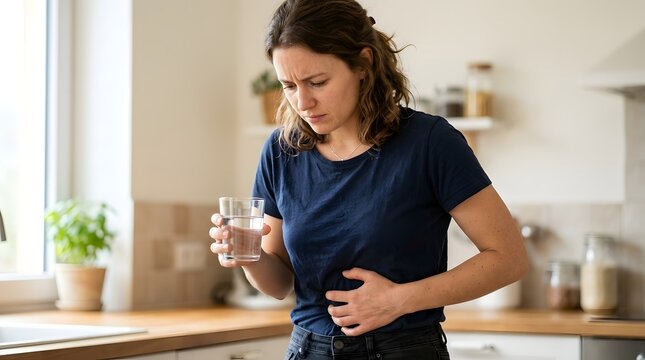 A woman feeling stomach pain while holding a glass of water in her bright home kitchen interior