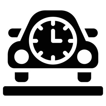 Minimalist vector icon featuring a front car silhouette with integrated clock face