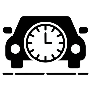 A black vector car front silhouette integrated with a clock face timing symbol