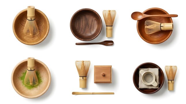 Matcha tea ceremony set bamboo wooden bowl isolated white
