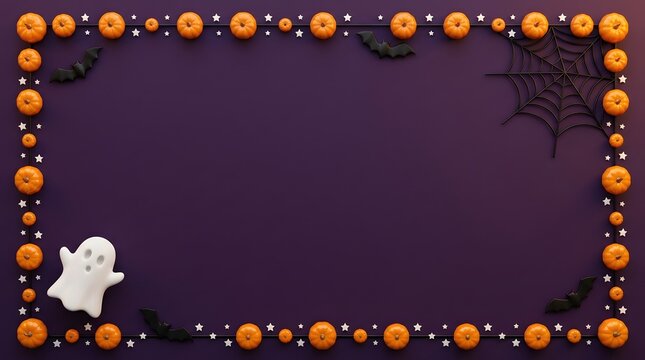 Dark purple Halloween frame with pumpkins ghost bats and spider web surrounding empty copy space