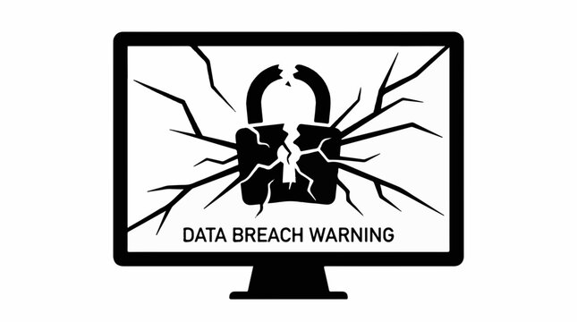 Computer monitor icon with a broken padlock symbol for data breach