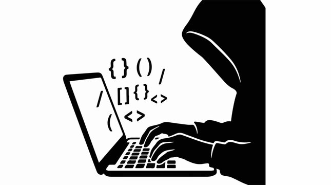 Hooded figure typing on a laptop with code symbols