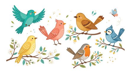 Fototapeta premium Colorful collection of cute birds illustrated in a whimsical vector style featuring spring floral branch elements