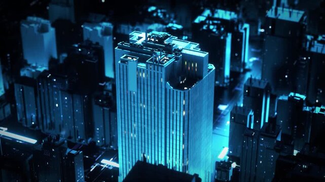 Futuristic Blue Digital Cityscape with Glowing Buildings and Technology Network