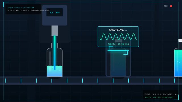 Futuristic industrial liquid manufacturing process with automated quality control and analytical interface