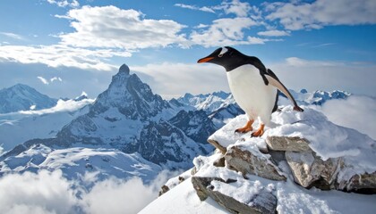 Fototapeta premium Humorous Gentoo Penguin Standing Atop Snowy Mountain Peak with Matterhorn in Background