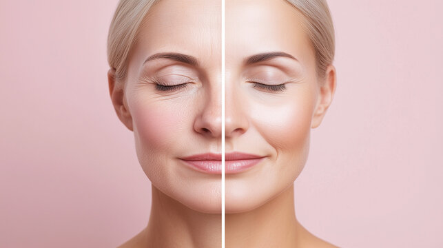 a woman face - falf young, half - old. Beautiful face with makeup
