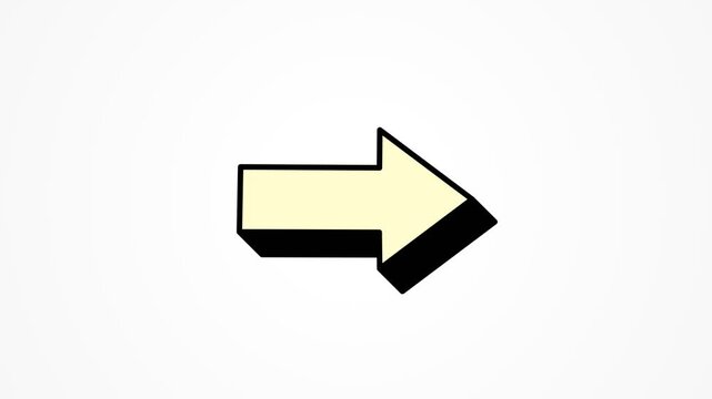 Animated hand drawn 3D yellow arrow pointing right on isolated white background, ideal for direction, guidance, progress, navigation, click here, website ui design, and call to action.