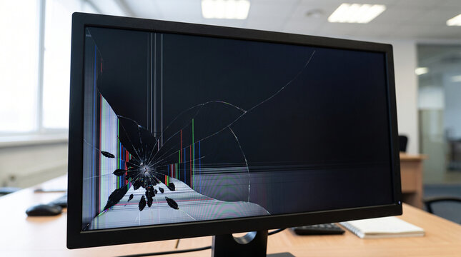 Cracked computer monitor with broken screen in office workspace  