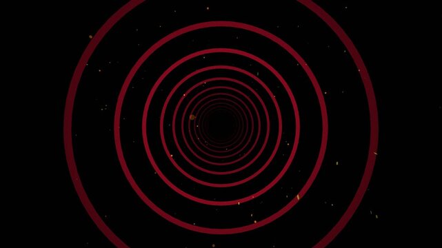 Abstract red concentric circles forming an infinite hypnotic tunnel loop, POV camera moving forward through glowing dark geometric rings with floating particles in a futuristic space setting