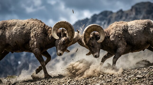 Two wild bighorn sheep butting heads in a dramatic fight on a steep rocky mountain slope during a sunny day