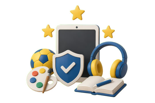 3D education multimedia icon set with shield headset and stars