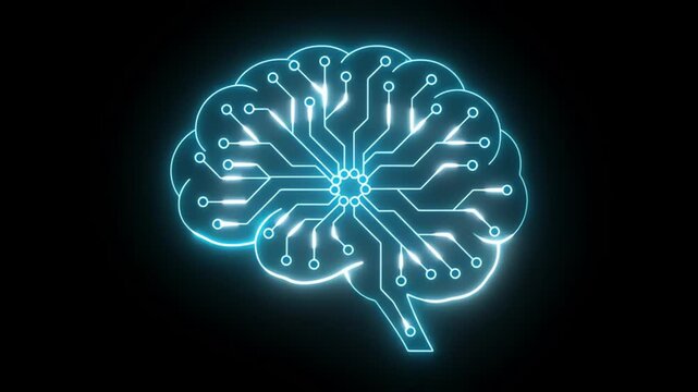 Neon glowing brain illustration with abstract lines on dark background