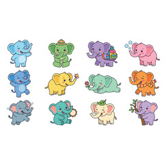 Obraz premium Colorful Cartoon Elephants in Playful Poses.