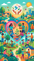 Fototapeta premium Vibrant heart-shaped path featuring community gardening and unity.