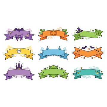 Colorful Illustrated Ribbon Banners with Icons.