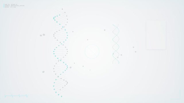 Futuristic medical HUD interface screen displaying a rotating DNA double helix particle structure on white background, representing advanced genetic research, biotechnology, and laboratory science.