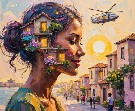 Artistic portrait of a woman with cityscape and nature integrated into her hair and face at sunset