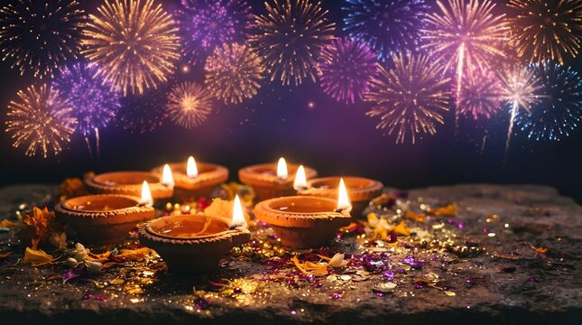 Group of glowing clay diyas arranged on a textured surface with colorful fireworks in the night sky for diwali celebration