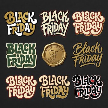 Black Friday sale lettering collection with diverse styles and colors on a dark background