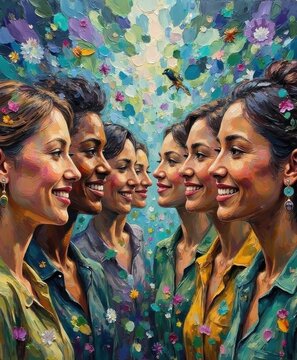 Group of Diverse Women Celebrating Happiness in Artistic Colorful Background