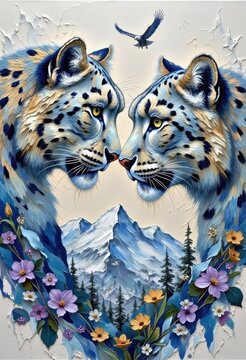 Artistic depiction of snow leopards facing each other in mountain landscape with blue flowers and birds