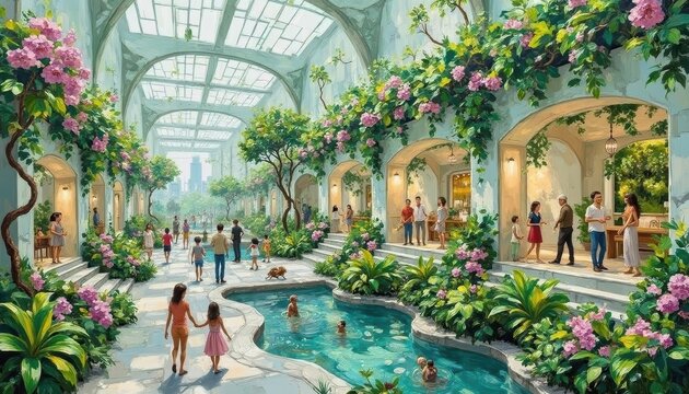 Elegant Indoor Botanical Garden with Swimming Pool and Visitors in a Conservatory Setting