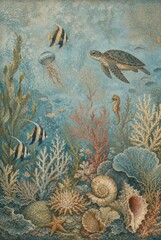 Naklejka premium Intricate underwater scene with fish, turtle, coral, and sea plants.