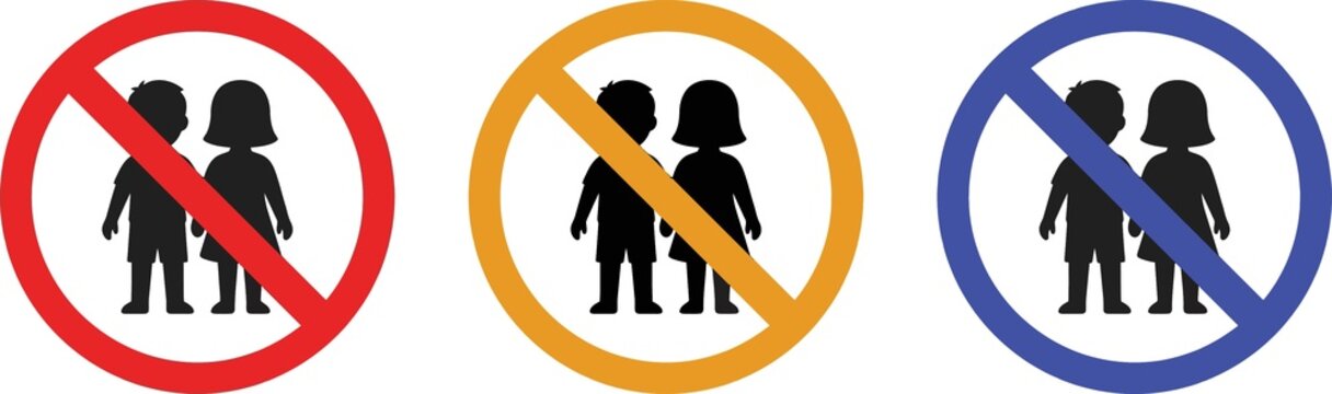 Set of colorful prohibition signs with boy and girl silhouettes isolated on white background