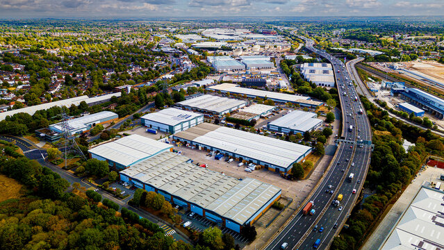 Panoramic aerial view of Gravelly Industrial Park along M6 motorway corridor