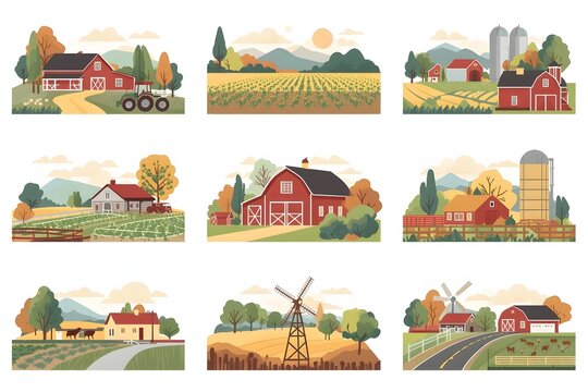 Set of farm landscapes with barns tractors and fields