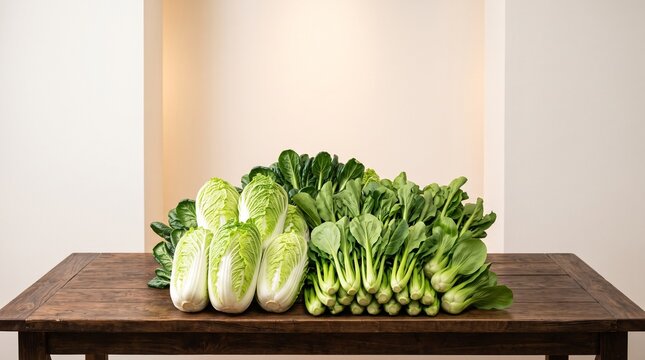 Fresh Chinese cabbage and bok choy green vegetables on wooden table studio photo