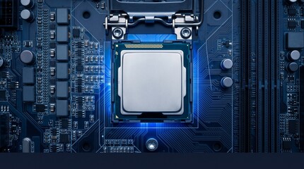 Fototapeta premium Computer processor CPU mounted on motherboard circuit board with glowing blue light