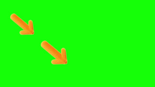 Orange arrows with smooth three-dimensional effect pointing diagonally downward against a bright green screen background for easy keying.