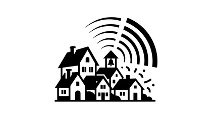 Fototapeta premium Village houses with radio signal or sonar waves.