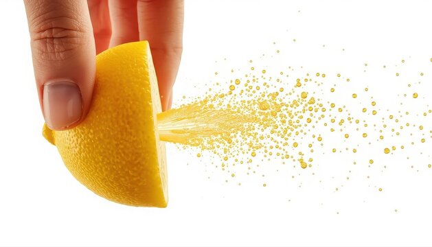Hand squeezing fresh half lemon with spraying juice droplets on a white background citrus fruit juice spray yellow citrus acidic fruit liquid splash food photography squeezing spraying