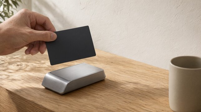 A hand holds a black card over a modern metallic payment terminal on a wooden surface.