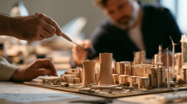Thoughtful architect expresses wonder examining sharp closeup energy plant model during detailed collaborative engineering workshop session