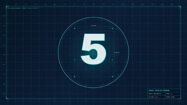 Digital countdown timer animation with technical drafting grid and hud elements