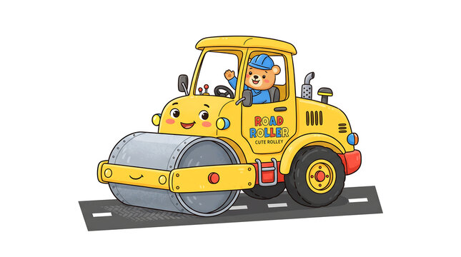 Cheerful cartoon bear driving a yellow road roller on a road