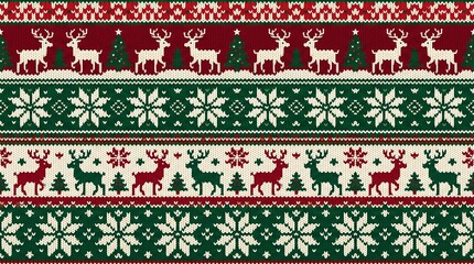 Fair Isle Christmas knit pattern with reindeer and snowflake motifs for holiday textiles. © Abduallah