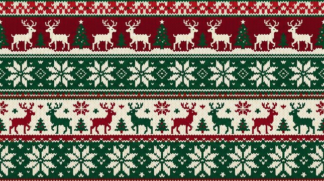 Fair Isle Christmas knit pattern with reindeer and snowflake motifs for holiday textiles.