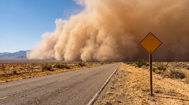 Massive sandstorm haboob approaching desert highway road with blank yellow sign
