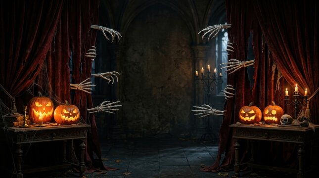 Halloween scene background glowing jack-o-lanterns and skeleton hands reaching from behind red velvet curtains on wooden tables with candles in dark stone room.